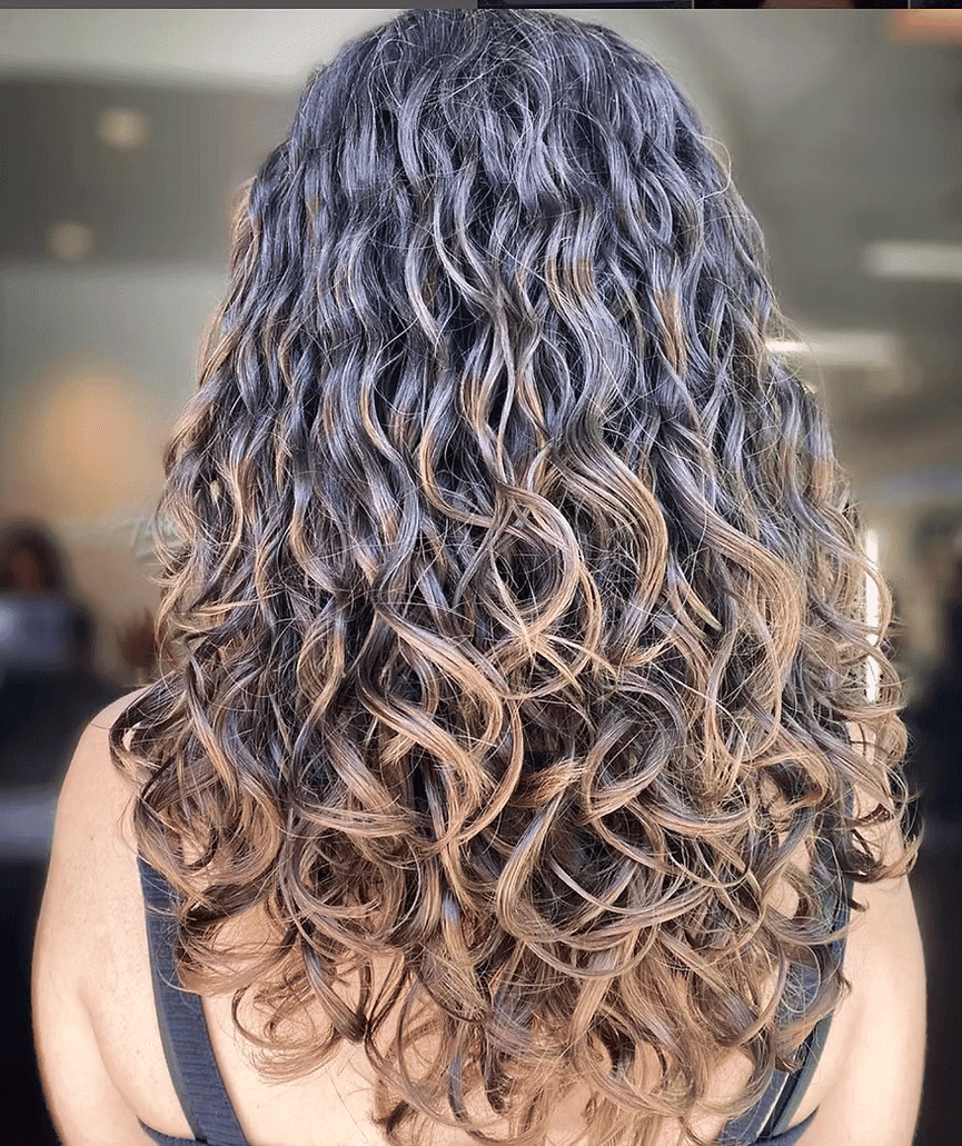 Curly hair with natural highlights, styled in gentle waves, viewed from the back.